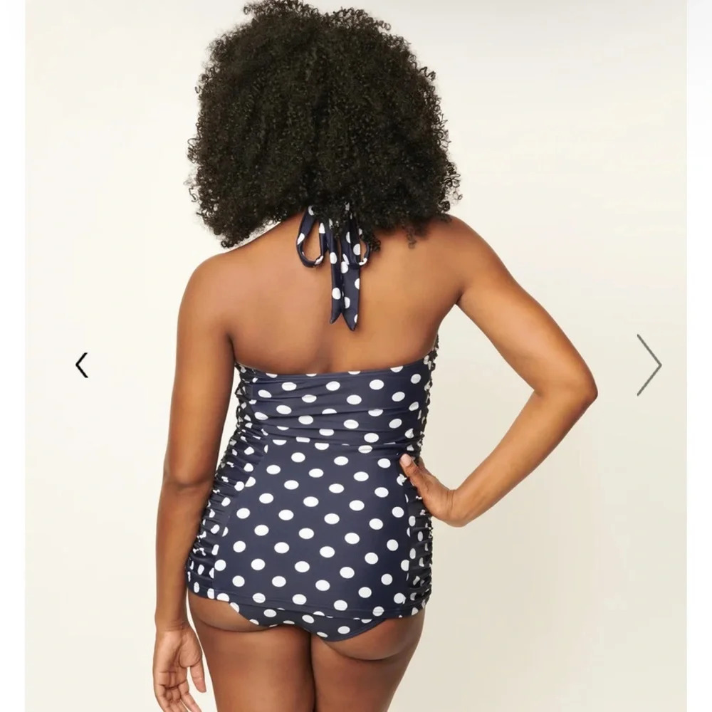 Unique Vintage Navy & White Polka Dot Corinne Halter Sheath Swimsuit,Medium, NWT - Picture 2 of 12
